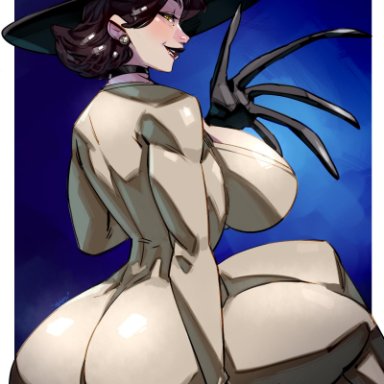 capcom, resident evil, resident evil 8: village, alcina dimitrescu, xdtopsu01, arm support, ass, back view, black gloves, black hair, blue background, blush, breasts, chair, claws