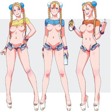 nintendo switch, tekuho, 3girls, band-aid, band-aid on knee, beer, beer can, bimbo, blonde hair, blue eyes, bracelets, braided hair, braided twintails, breasts, controller