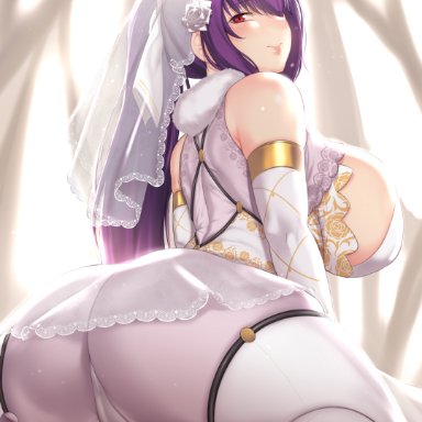 fate/grand order, scathach (fate), scathach skadi, aster crowley, 1girls, curvaceous, detached sleeves, dress, eyebrows visible through hair, huge ass, huge breasts, human, large breasts, looking back, mature