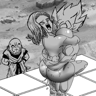 dragon ball, dragon ball super, dragon ball z, android 18, krillin, son goku, doompypomp, 1girls, 2boys, android, bald, big ass, big breasts, cum, cum inside