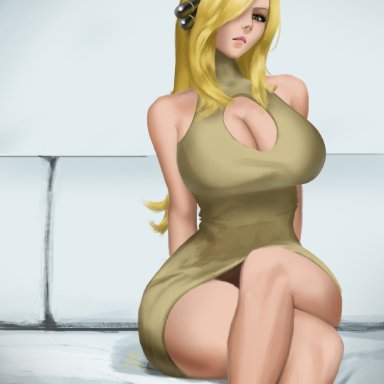 nintendo, pokemon, pokemon dppt, cynthia (pokemon), moonlen-jack, 1girls, big breasts, blonde hair, breasts, cleavage cutout, curvy figure, eye contact, female, hair ornament, huge breasts