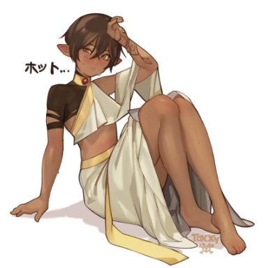 toxxy, 1boy, blush, brown hair, dark-skinned femboy, dark-skinned male, dark skin, elf, feet, femboy, girly, gold collar, hand on head, looking away, pointy ears