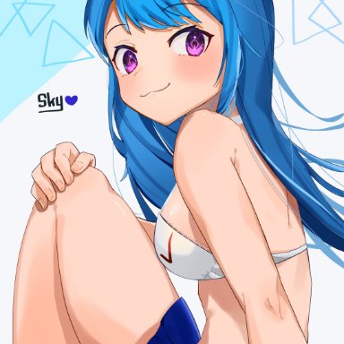 friday night funkin, sky (friday night funkin), pota (&#12413;&#12383;&#12353;), :3, blue hair, blush, blushing, bra, clothed, female, female only, frilly, looking at viewer, pink eyes, purple eyes