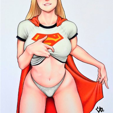 dc, dc comics, superman (series), kara danvers, kara zor-el, supergirl, chriscomicart, bangs, big breasts, biting lip, blonde hair, blue eyes, cape, diadem, kara zor el