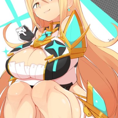 nintendo, xenoblade (series), xenoblade chronicles 2, mythra, jellcaps, 1girls, arm under breasts, armored dress, black panties, blonde hair, breasts, cleavage, cleavage cutout, clothed, core crystal