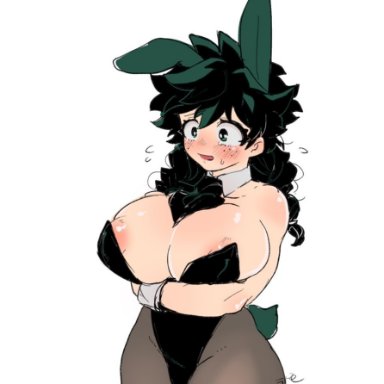 my hero academia, izuku midoriya, 1girls, big breasts, big nipples, bimbo, bimbofication, blush, breasts, bunny ears, bunny girl, bunny tail, bunnysuit, cleavage, embarrassed