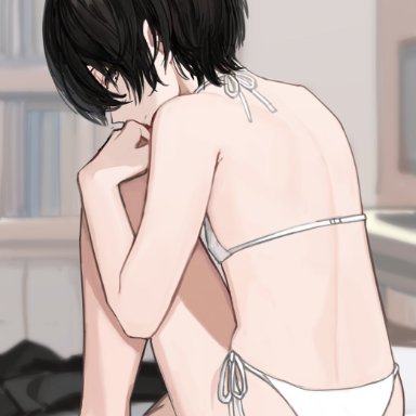 original, sunaba (nczd5875), 1boy, ass, back, bikini, black hair, crossdressing, femboy, from behind, girly, indoors, looking back, male, male focus