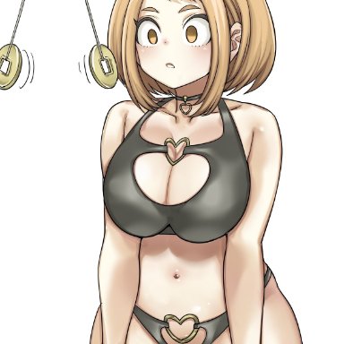 my hero academia, ochako uraraka, shosho oekaki, ass visible through thighs, belly, belly button, big breasts, black choker, blush, breast press, breasts, brown eyes, brown hair, camel toe, cameltoe