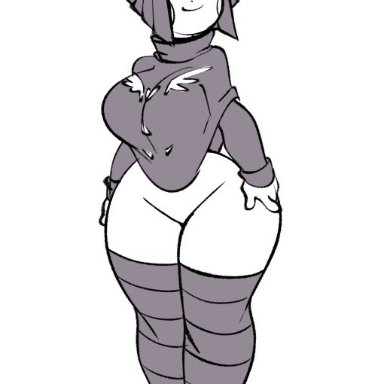 undertale, chara, dinomite (artist), 1girls, 5 fingers, aged up, ass, big ass, big breasts, brown hair, feet, hairless pussy, half-dressed, hand on butt, hand on hip