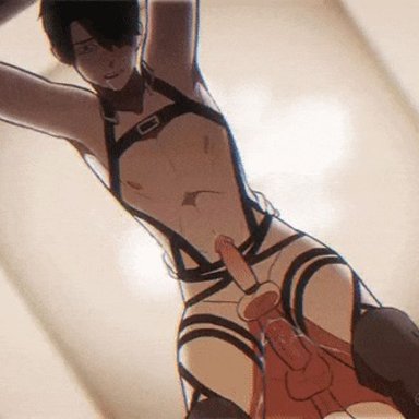 attack on titan, shingeki no kyojin, erwin smith, levi, levi ackerman, fullycollapsed1, 2boys, anal, anal sex, boots, drool, drooling, gay, genitals, harness