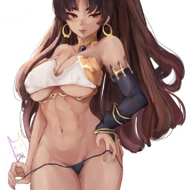 fate/grand order, fate (series), ishtar (fate/grand order), beeprats (artist), 1girls, abs, belly, belly button, big breasts, black panties, blush, breasts, brown hair, cleavage, detached sleeves