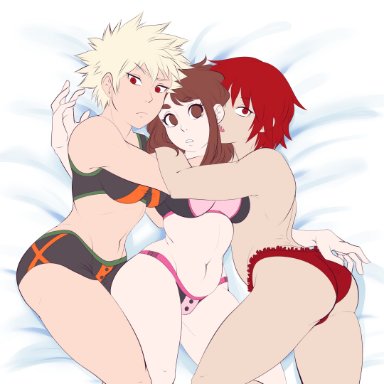 my hero academia, eijirou kirishima, katsuki bakugou, ochako uraraka, 3girls, big breasts, embrace, embracing, female, female/female, female bakugou, female focus, female only, genderswap (mtf), hugging