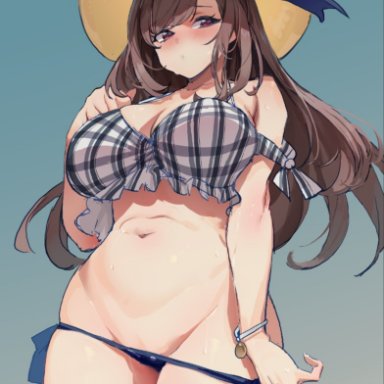 idolmaster, idolmaster shiny colors, tsukioka kogane, simao (x x36131422), big breasts, bikini, blush, brown hair, embarrassed, looking away, sun hat, undressing