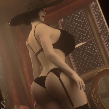 capcom, resident evil, resident evil 8: village, alcina dimitrescu, sampples, 1girl, ass, big breasts, breasts, female, huge breasts, lingerie, red lipstick, solo, 3d