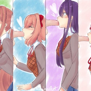 doki doki literature club, yuri (doki doki literature club), raionart, 4boys, 4girls, blowjob, blush, brown hair, fellatio, heart, medium penis, multiple boys, multiple girls, multiple penises, oral