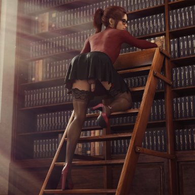 jessie (skykliker), skykliker, 1boy, balls, femboy, ginger, glasses, high heels, lace, penis, penis under skirt, ponytail, red hair, skirt, stockings