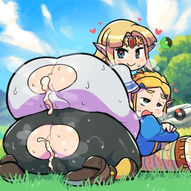 a link between worlds, breath of the wild, nintendo, the legend of zelda, princess zelda, zelda (a link between worlds), zelda (breath of the wild), crap-man, 2girls, after sex, anal, anal only, anal sex, anus, ass