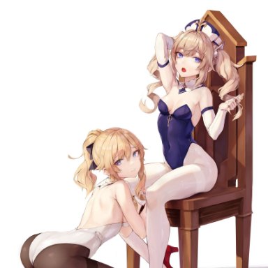 genshin impact, barbara (genshin impact), jean gunnhildr, hiki niito, 2girls, armpits, ass, bent over, blonde hair, blue eyes, breasts, bubble ass, bubble butt, bunnysuit, chair