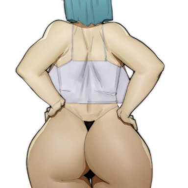 dragon ball, dragon ball z, bulma briefs, doublehero, 1girls, ass, back view, blue hair, huge ass, huge breasts, no eyewear, short hair, solo female, thick thighs, thong