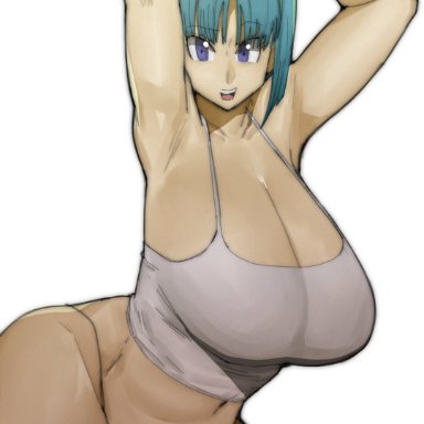 dragon ball, dragon ball z, bulma briefs, doublehero, 1girls, arms up, blue eyes, curvy, huge breasts, no eyewear, simple background, solo female, thick thighs, thong, white shirt