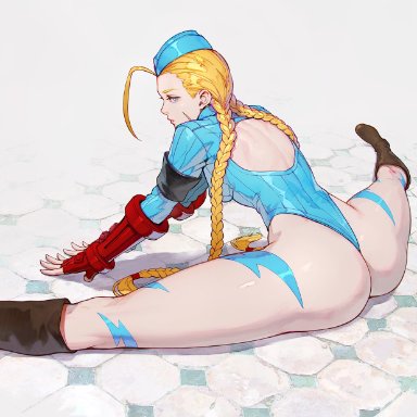 street fighter, cammy white, shuichi wada, big ass, blonde hair, blue clothing, blue eyes, hat, long legs, on the floor, stretching, tattoo, thick thighs