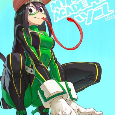 my hero academia, tsuyu asui, shuichi wada, dark eyes, dark hair, feet, frog pose, hand on ground, long tongue, medium breasts, thick thighs, tongue out