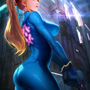 metroid, nintendo, samus aran, zero suit samus, shuichi wada, big ass, blonde hair, blue eyes, busty, large breasts, lipstick, long hair, tight clothing, zero suit