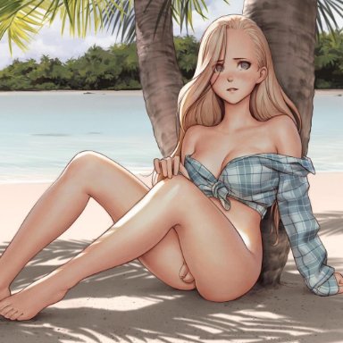 original, anonfutashopper (editor), jeff macanoli, luimiart, 1futa, 1girls, against tree, balls, bare shoulders, barefoot, beach, blonde hair, bottomless, breasts, cleavage