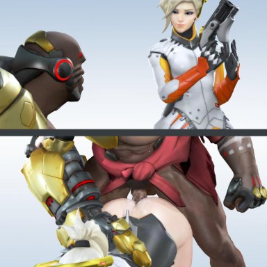 overwatch, doomfist, mercy, rwt4184, 1boy, 1girls, big penis, blonde hair, blue eyes, blush, breasts, breasts out, dark-skinned male, dark skin, female