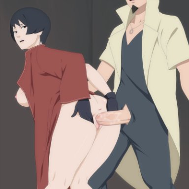 boruto: naruto next generations, naruto, naruto (series), kurotsuchi, nara shikamaru, 1boy, 1girls, bare legs, beard, bent over, black eyes, black hair, breasts outside, clothed sex, clothing