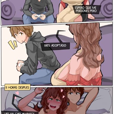 delicia (comicomryu), comicomryu, 1boy, 1boy1girl, 1girls, adopted son, adoptive mother, after sex, afterglow, aftersex, bed, big breasts, breast grab, breasts, brown hair