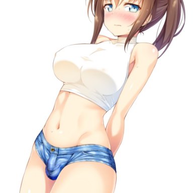 original, anonfutashopper (editor), ichi makoto, kazumav, 1futa, belly button, blue eyes, blush, brown hair, bulge, bulge through clothing, clothed, crop top, denim shorts, futa only