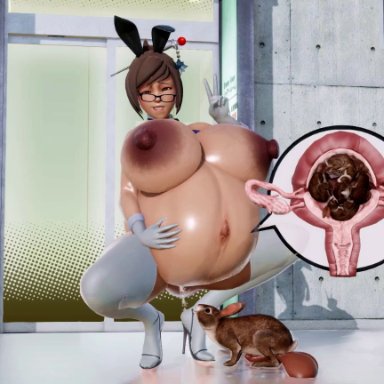 honey select, overwatch, mei (overwatch), brocobich, 1boy, 1girls, areolae, balls, bestiality, big balls, big belly, bikini top, birth, bowtie, breasts