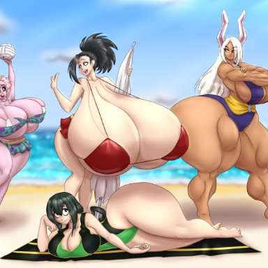 my hero academia, mina ashido, miruko, momo yaoyorozu, rumi usagiyama, tsuyu asui, blues64, marauder6272, 4girls, animal humanoid, beach, big breasts, big butt, bikini, breast size difference