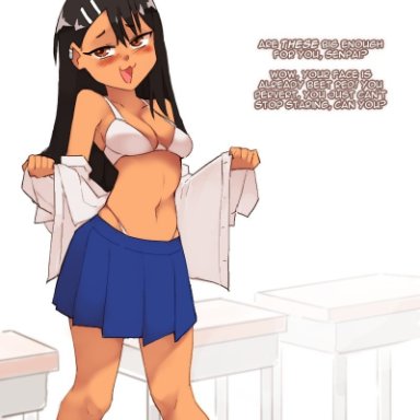 please don't bully me, nagatoro, hayase nagatoro, rtil, :3, black hair, bra, brown eyes, brown hair, brunette, dark-skinned female, dark skin, long hair, naughty face, school uniform, smile