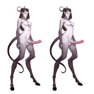 tarakanovich, 1futa, balls, big breasts, black hair, demon girl, demon horns, demon tail, demoness, dripping, erect penis, erection, full-package futanari, grey skin, hooves