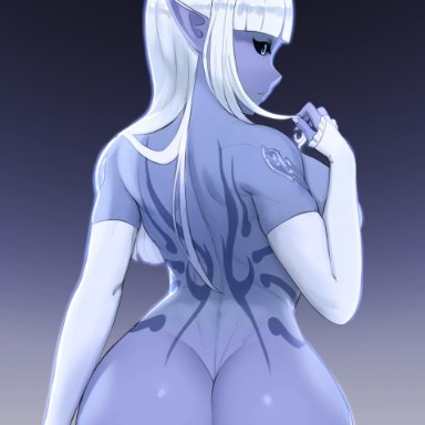 popogori, 1girls, ass, bangs, big ass, big breasts, black sclera, blue eyes, blue skin, breasts, female, female only, gloves, halo, large breasts