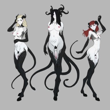 tarakanovich, 3futas, areolae, balls, big breasts, big penis, black hair, blonde hair, blush, breasts, cock sleeve, demon girl, demon horns, demoness, flaccid