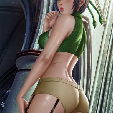 final fantasy, final fantasy vii, final fantasy vii remake, square enix, yuffie kisaragi, alexander dinh, 1girls, aged up, arched back, ass, ass focus, back view, bare arms, black hair, blush