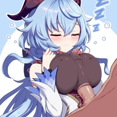 genshin impact, ganyu (genshin impact), vantrush, 1boy, ahoge, blue hair, blush, breasts, closed eyes, closed mouth, covered nipples, detached sleeves, eyebrows visible through hair, female, goat horns