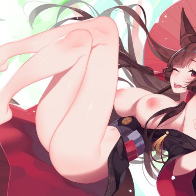 azur lane, akagi (azur lane), nanoless, 1girls, areolae, big breasts, breasts, female, female only, large breasts, looking at viewer, nipples, solo, highres