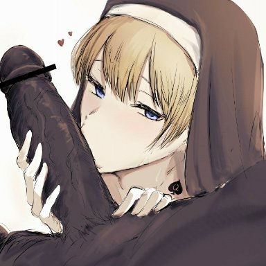 anju (pixiv68222748), 1boy, 1girls, big penis, blonde hair, blue eyes, dark-skinned male, disembodied penis, faceless male, interracial, kissing penis, nun, queen of spades, spade, veiny penis