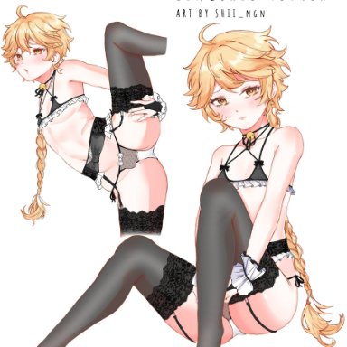 genshin impact, aether (genshin impact), 1boy, bell, blonde hair, braid, crossdressing, earring, femboy, frills, gloves, gold eyes, lace, legs held open, lingerie