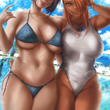 boruto: naruto next generations, naruto, naruto (series), naruto shippuden, akimichi chouchou, mitarashi anko, orca.huang, 2girls, bare shoulders, bbw, big breasts, bikini, brown eyes, cameltoe, chubby female