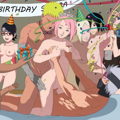 boruto: naruto next generations, naruto, haruno kizashi, haruno mebuki, hatake kakashi, ino yamanaka, sakura haruno, sarada uchiha, sasuke uchiha, uzumaki naruto, harisyah, 4boys, 4girls, age difference, balloon