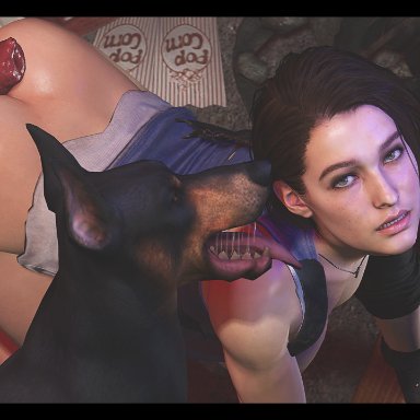 resident evil, resident evil 2, cerberus (resident evil), jill valentine, clouclousfm, 1girls, 4animals, all fours, ass, bestiality, brown hair, buttjob, canine penis, fingerless gloves, gloves