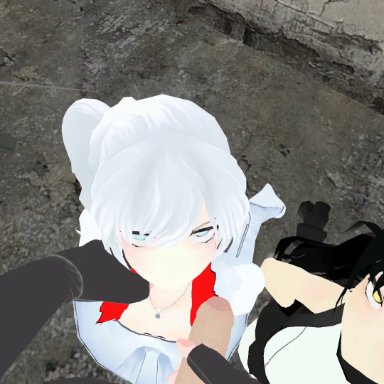 rwby, blake belladonna, weiss schnee, the clipping, 1boy, 2girls, animal ears, arms behind back, black hair, blackmail, blowjob, blue eyes, bondage, clothed, clothing