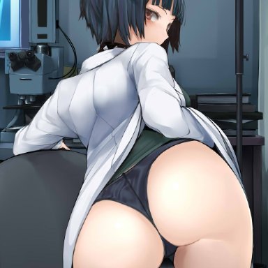 persona, persona 5, tae takemi, nemu (nebusokugimi), ass, bob cut, lab coat, over shoulder, panties, short hair, source request, tagme