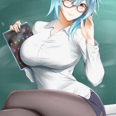 genshin impact, eula (genshin impact), kimmy77, 1girls, big breasts, blue hair, breasts, classroom, clothed, clothes, clothing, crossed legs, eyebrows, eyebrows visible through hair, eyelashes