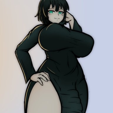 one-punch man, fubuki (one-punch man), fibilis, 1futa, big breasts, blush, bottomless, breasts, bulge, cleavage, clothed, clothing, flaccid, futa only, futanari